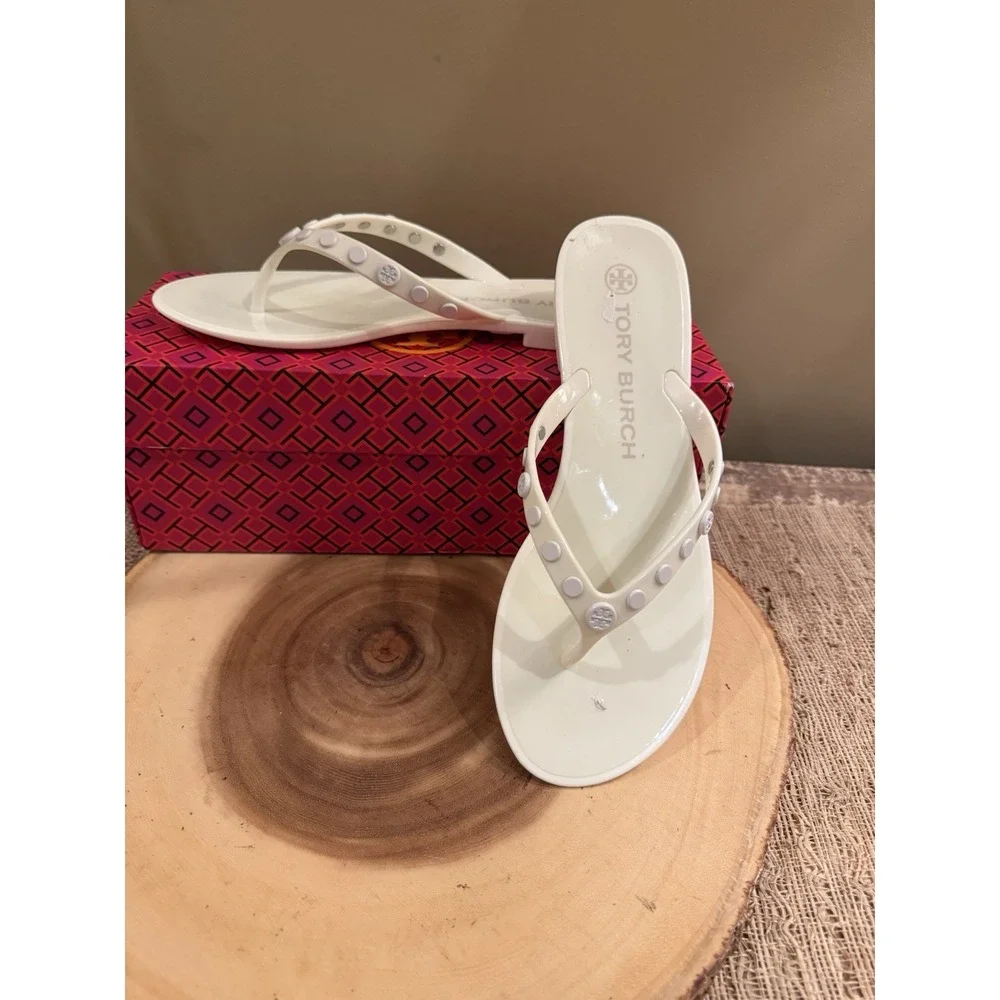 Tory Burch Studded Jelly Flip Flop Thong Sandal Ivory 8 $148 New‎ In Box
